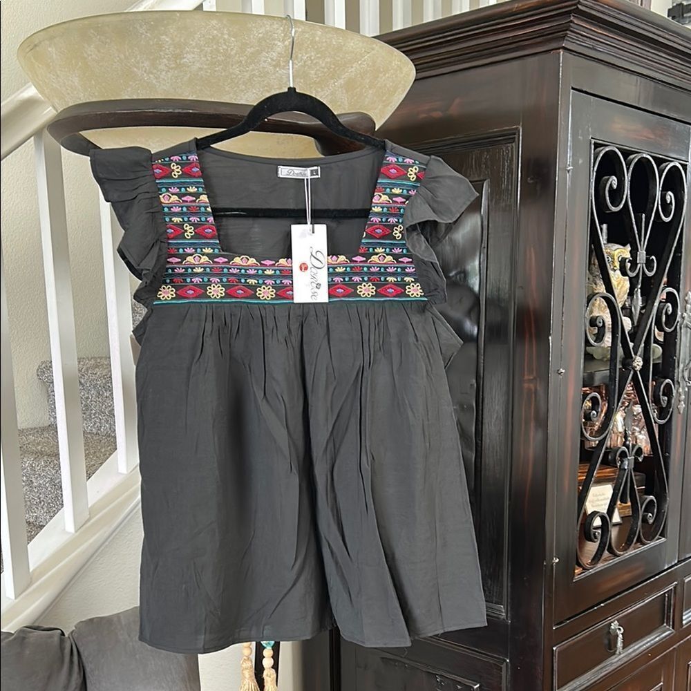 Black womens top with Colorful Embroidery